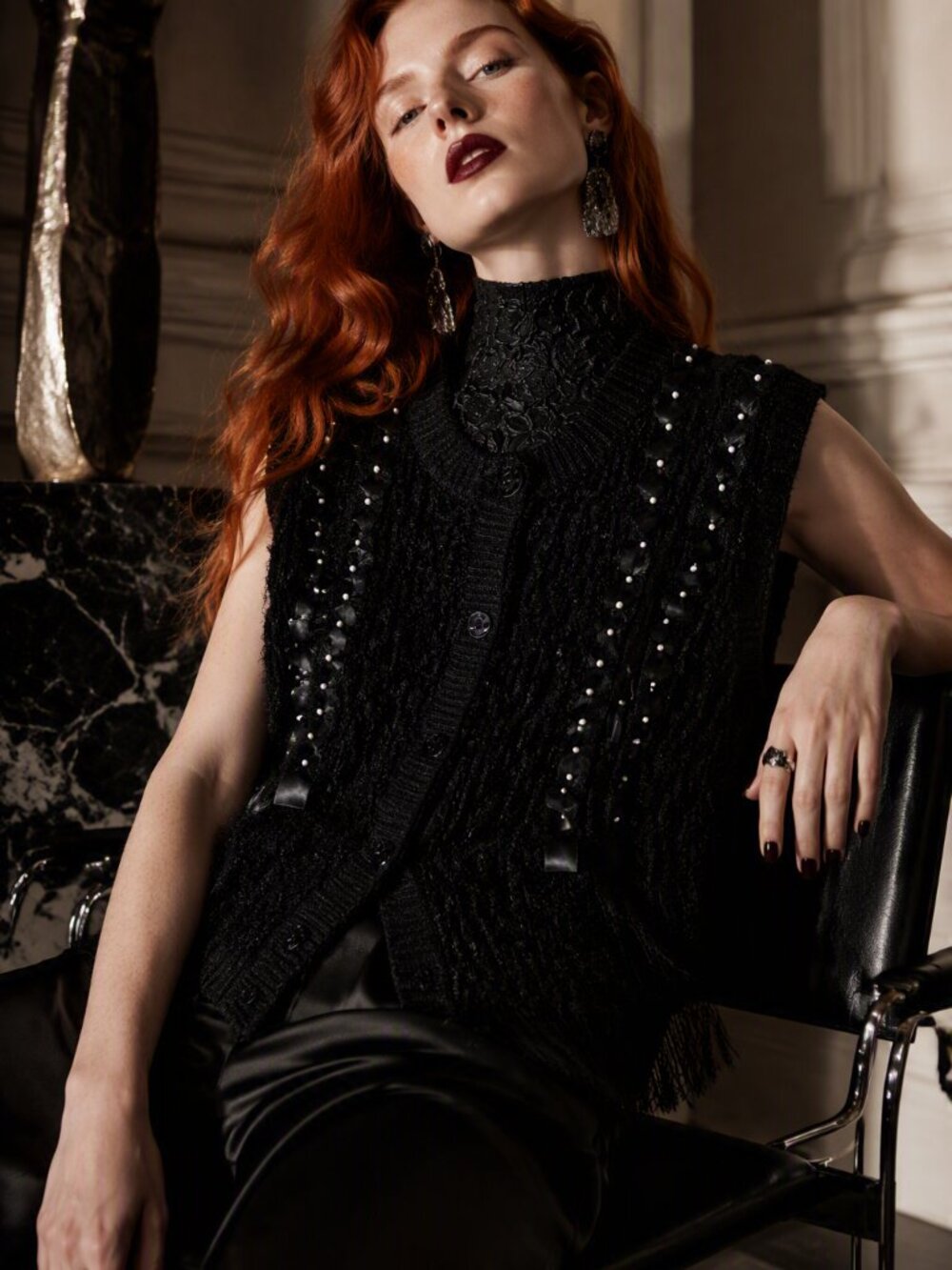 Vintage Goth Black Women's Vest with Embellishments In Good Pre-loved Condition